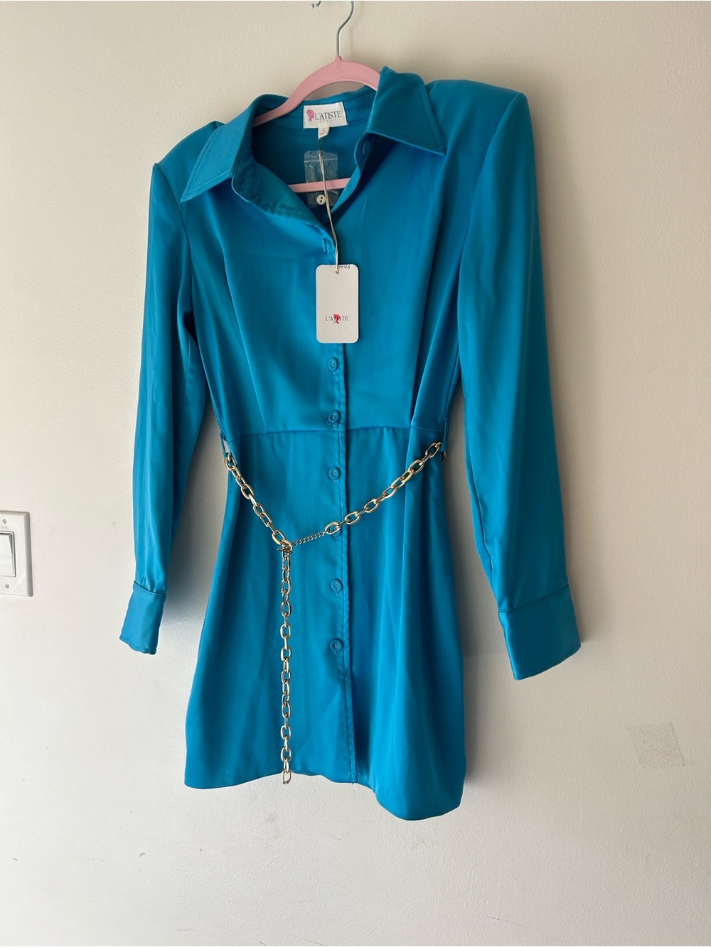 L'ATISTE Turquoise Button-Front Mini Shirt Dress - Picture 2 of 14